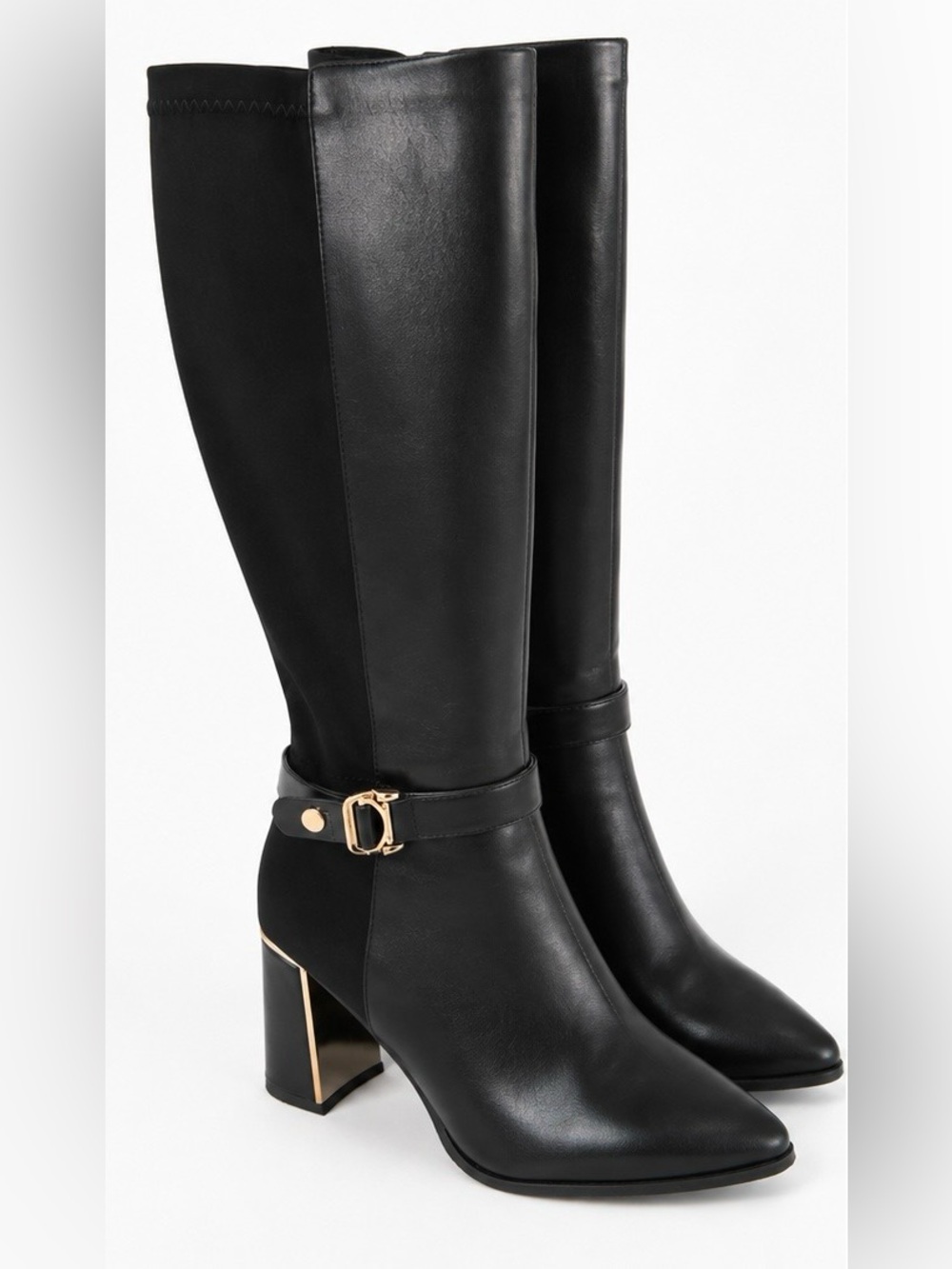 European Black Knee High Pointed Toe Block Heel Boots Gold Size 40